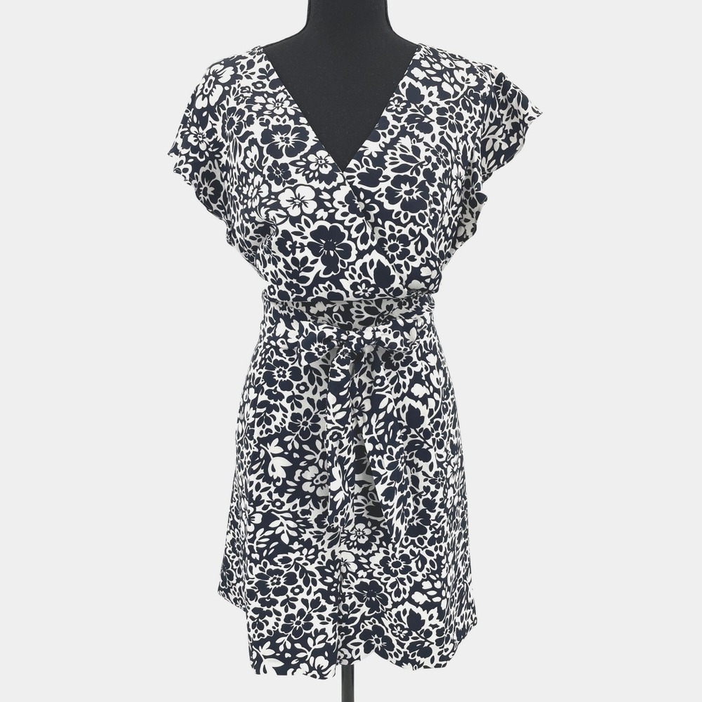 Ann Taylor Factory Romper Women 12 Navy Blue White Floral NWT Faux Wrap Trendy